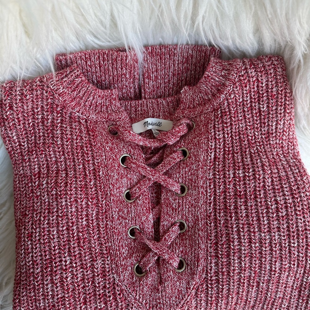 Madewell Marled Ribbed Lace-Up Red Sweater - Picture 6 of 8